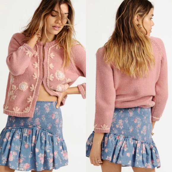 LoveShackFancy Dresses & Skirts - LOVESHACKFANCY Anguilla Floral Faded Denim Ruffle Mini Skirt